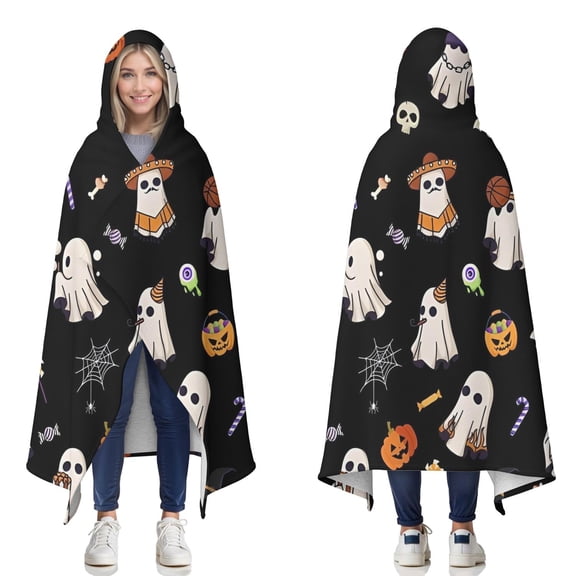 Wearable Blanket,Costumed Ghost Halloween Pattern Hooded Wearable Sherpa Blanket for Adults & Teens,Winter Poncho Shawl Wrap Cape Thick Warm,60"x80"
