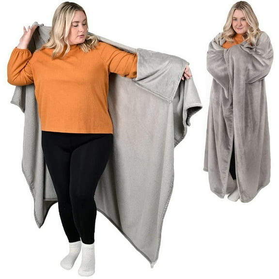 Wearable Blanket, Cozy Loungewear Pocketed Plush Cape Wrap for Adults & Teens(light gray, one size fits all)