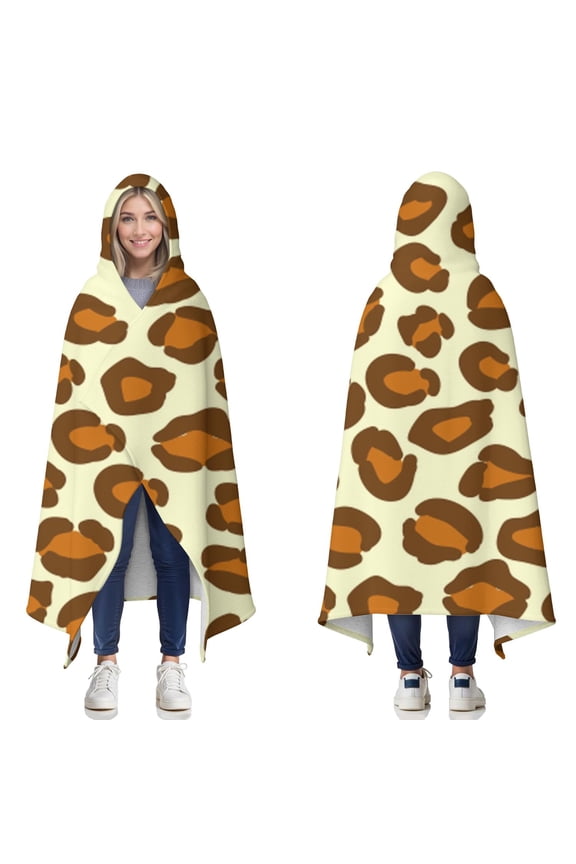 Wearable Blanket,Cream and Brown Of Leopard Print Hooded Wearable Sherpa Blanket for Adults & Teens,Winter Poncho Shawl Wrap Cape Thick Warm,50"x60"