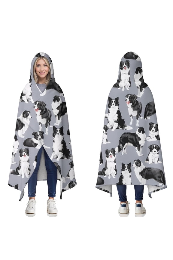 Wearable Blanket,Cute Border Collie Pattern Hooded Wearable Sherpa Blanket for Adults & Teens,Winter Poncho Shawl Wrap Cape Thick Warm,60"x80"