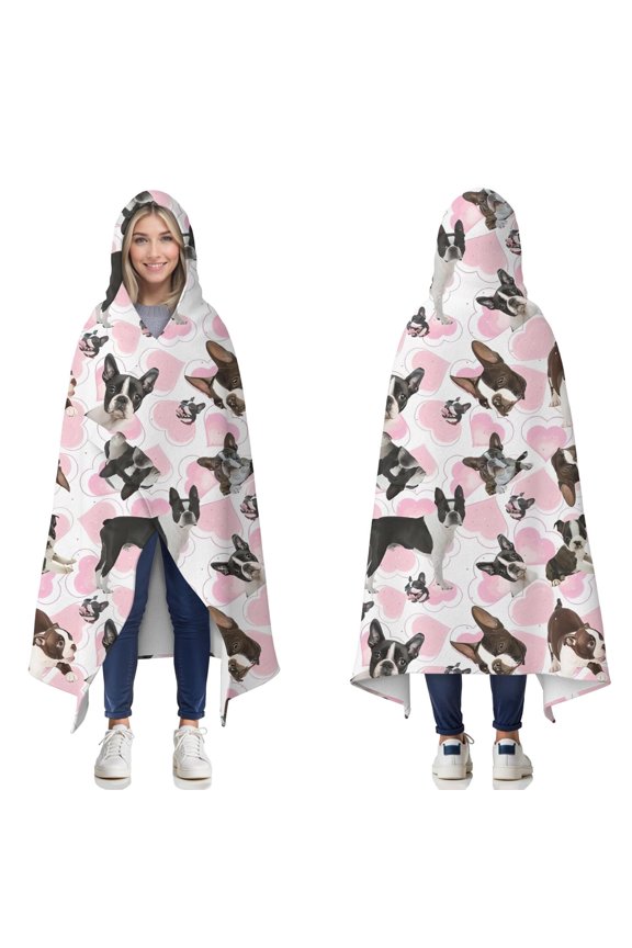 Wearable Blanket,Cute Boston Terrier Dog and Pink Love Heart Hooded Wearable Flannel Blanket for Adults & Teens,Winter Poncho Shawl Wrap Cape Cozy Anti-Pill,60"x80"