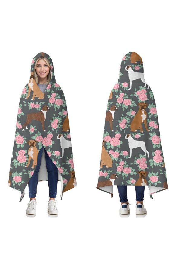 Wearable Blanket,Cute Boxer Dog and Flowers Florals Hooded Wearable Flannel Blanket for Adults & Teens,Winter Poncho Shawl Wrap Cape Cozy Anti-Pill,50"x60"