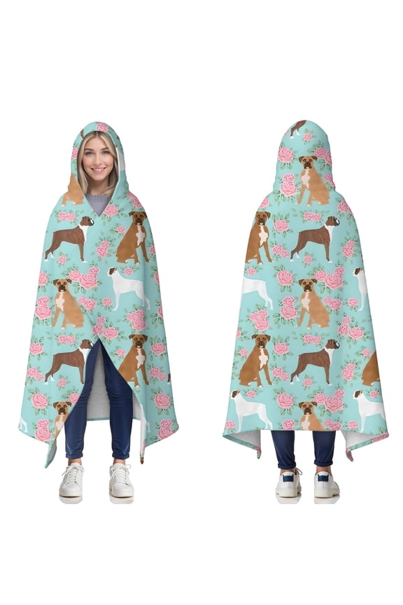 Wearable Blanket,Cute Boxer Dog and Flowers Florals Hooded Wearable Sherpa Blanket for Adults & Teens,Winter Poncho Shawl Wrap Cape Thick Warm,60"x80"