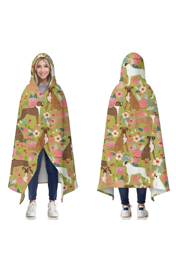 Wearable Blanket,Cute Boxer Dog and Flowers Florals Hooded Wearable Sherpa Blanket for Adults & Teens,Winter Poncho Shawl Wrap Cape Thick Warm,60"x80"