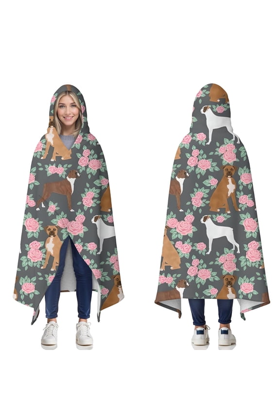 Wearable Blanket,Cute Boxer Dog and Flowers Florals Hooded Wearable Sherpa Blanket for Adults & Teens,Winter Poncho Shawl Wrap Cape Thick Warm,60"x80"