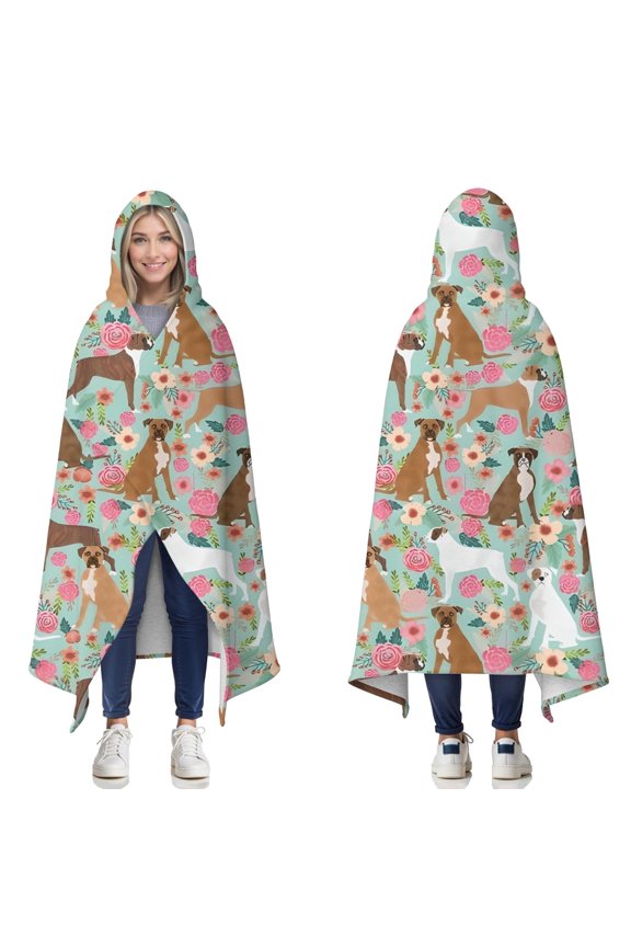 Wearable Blanket,Cute Boxer Dog and Flowers Florals Hooded Wearable Sherpa Blanket for Adults & Teens,Winter Poncho Shawl Wrap Cape Thick Warm,60"x80"