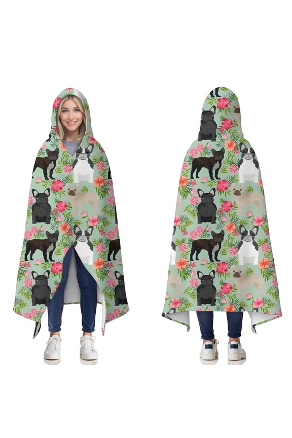 Wearable Blanket,Cute Bulldog Dog and Flower Florals Hooded Wearable Flannel Blanket for Adults & Teens,Winter Poncho Shawl Wrap Cape Cozy Anti-Pill,50"x60"