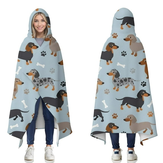 Wearable Blanket,Cute Dachshund and Dog Footprint Hooded Wearable Flannel Blanket for Adults & Teens,Winter Poncho Shawl Wrap Cape Cozy Anti-Pill,50"x60"