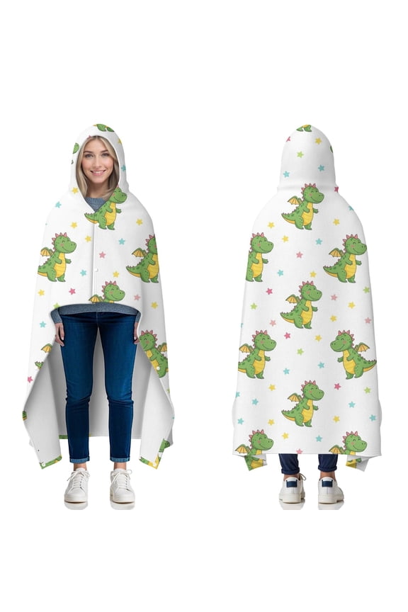 Wearable Blanket,Cute Dragon Pattern with Stars Hooded Wearable Flannel Blanket for Adults & Teens with Buckle,Winter Poncho Shawl Wrap Cape,50"x60"