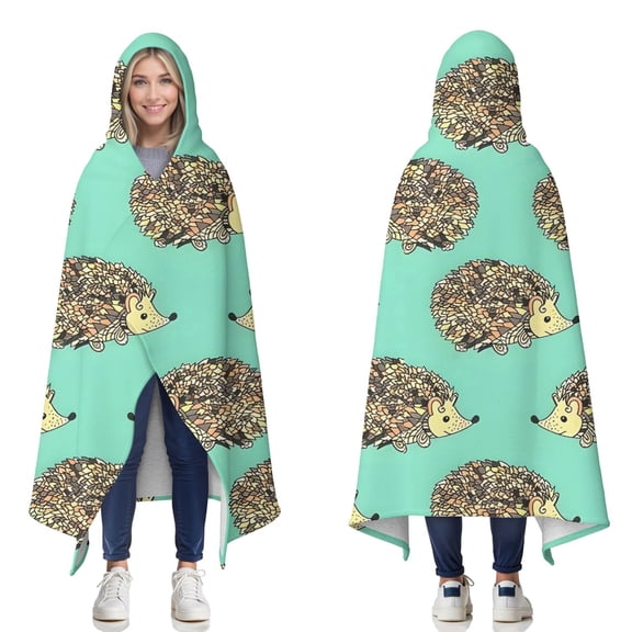 Wearable Blanket,Cute Green Hedgehog Pattern Hooded Wearable Sherpa Blanket for Adults & Teens,Winter Poncho Shawl Wrap Cape Thick Warm,60"x80"