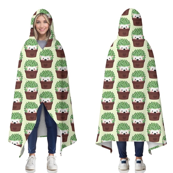 Wearable Blanket,Cute Green Hedgehog Pattern Hooded Wearable Sherpa Blanket for Adults & Teens,Winter Poncho Shawl Wrap Cape Thick Warm,60"x80"