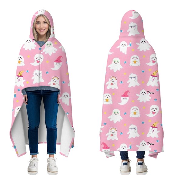 Wearable Blanket,Cute Halloween Ghosts Pattern Hooded Wearable Flannel Blanket for Adults & Teens with Buckle,Winter Poncho Shawl Wrap Cape,50"x60"