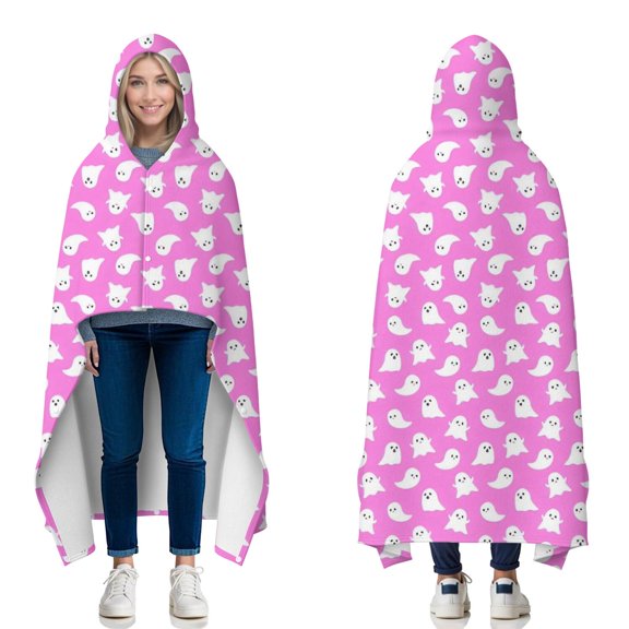 Wearable Blanket,Cute Halloween Ghosts Pattern Hooded Wearable Flannel Blanket for Adults & Teens with Buckle,Winter Poncho Shawl Wrap Cape,50"x60"