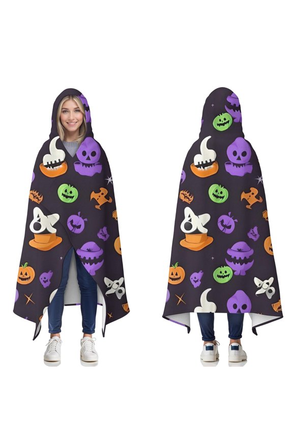 Wearable Blanket,Cute Halloween Icons Pattern Hooded Wearable Flannel Blanket for Adults & Teens,Winter Poncho Shawl Wrap Cape Cozy Anti-Pill,50"x60"