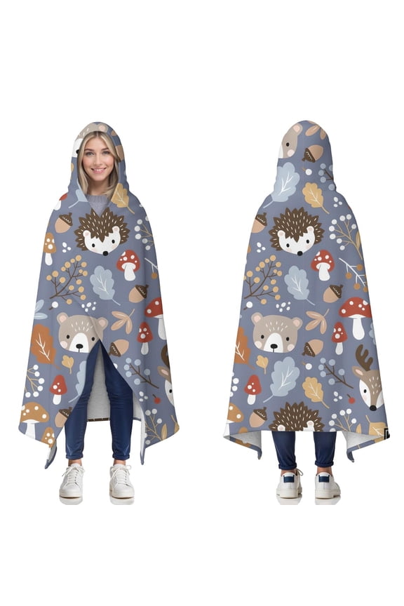 Wearable Blanket,Cute Hedgehogs and Forest Animals Pattern Hooded Wearable Sherpa Blanket for Adults & Teens,Winter Poncho Shawl Wrap Cape Thick Warm,60"x80"