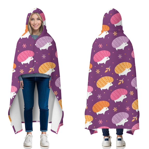 Wearable Blanket,Cute Hedgehogs and Pioneer Flower Pattern Hooded Wearable Flannel Blanket for Adults & Teens with Buckle,Winter Poncho Shawl Wrap Cape,50"x60"