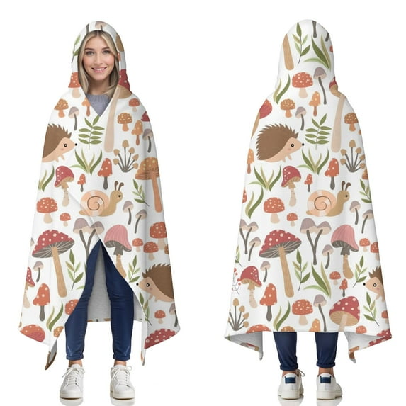 Wearable Blanket,Cute Hedgehogs and Red Mushrooms Snails Pattern Hooded Wearable Sherpa Blanket for Adults & Teens,Winter Poncho Shawl Wrap Cape Thick Warm,60"x80"