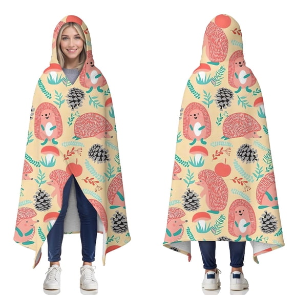 Wearable Blanket,Cute Pink Hedgehog Pattern Hooded Wearable Sherpa Blanket for Adults & Teens,Winter Poncho Shawl Wrap Cape Thick Warm,60"x80"