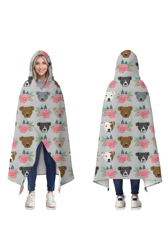 Wearable Blanket,Cute Pitbull Terriers Dog and Flower Hooded Wearable Flannel Blanket for Adults & Teens,Winter Poncho Shawl Wrap Cape Cozy Anti-Pill,50"x60"