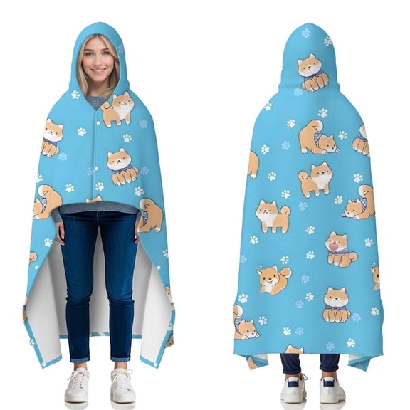 Wearable Blanket,Cute Shiba Inu Hooded Wearable Flannel Blanket for Adults & Teens with Buckle,Winter Poncho Shawl Wrap Cape,50"x60"