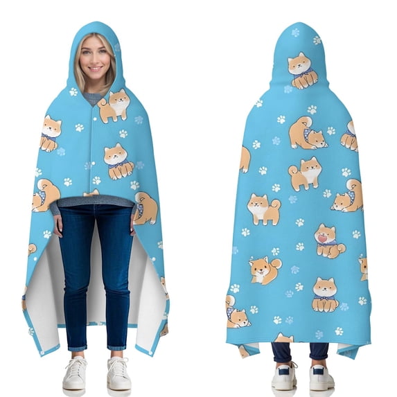 Wearable Blanket,Cute Shiba Inu Hooded Wearable Flannel Blanket for Adults & Teens with Buckle,Winter Poncho Shawl Wrap Cape,60"x80"