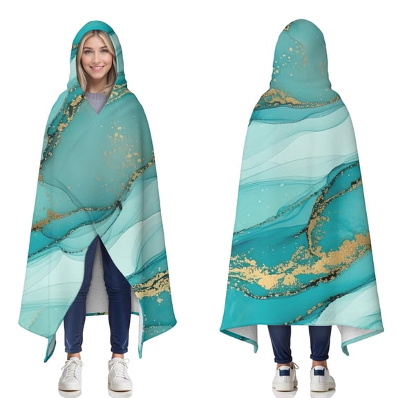 Wearable Blanket,Cyan Marble Gold Spot Pattern Hooded Wearable Sherpa Blanket for Adults & Teens,Winter Poncho Shawl Wrap Cape Thick Warm,60"x80"