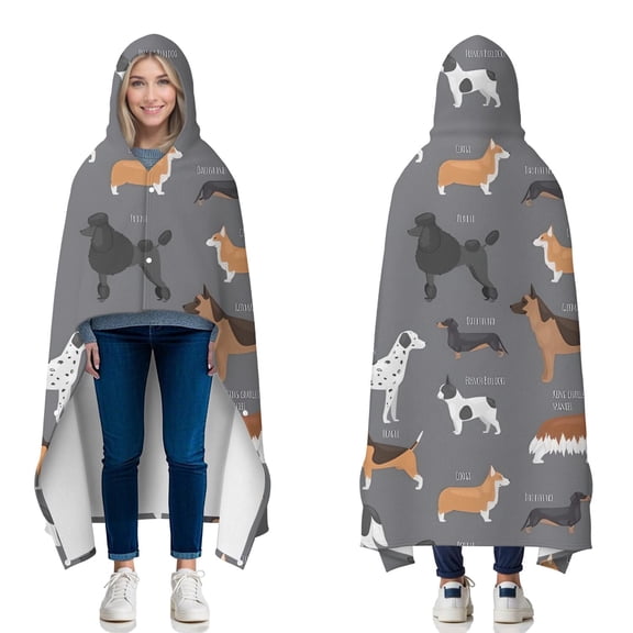 Wearable Blanket,Dalmatian Corgi Bulldog Hooded Wearable Flannel Blanket for Adults & Teens with Buckle,Winter Poncho Shawl Wrap Cape,50"x60"