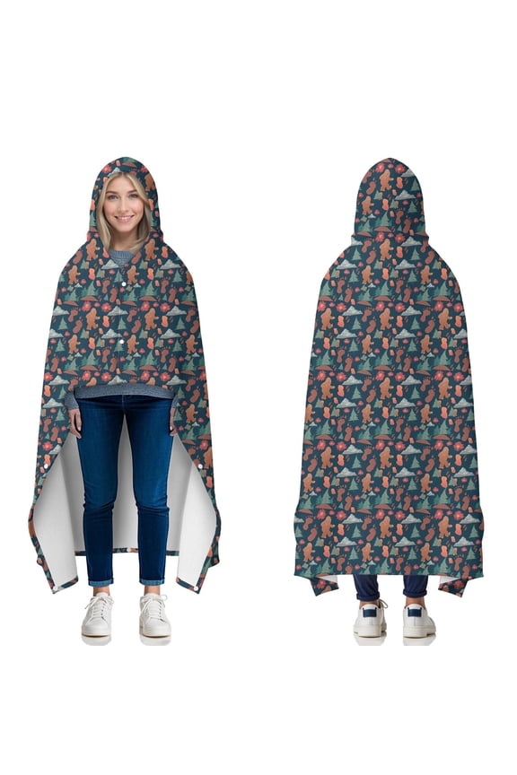 Wearable Blanket,Dark Blue Bigfoot and Tree Pattern Hooded Wearable Flannel Blanket for Adults & Teens with Buckle,Winter Poncho Shawl Wrap Cape,50"x60"