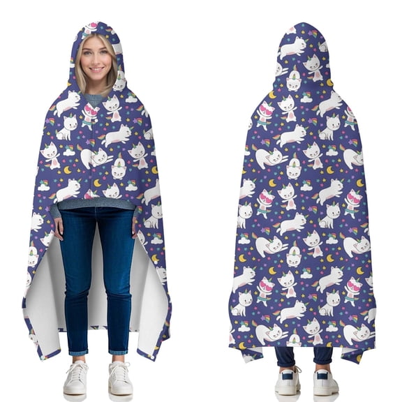 Wearable Blanket,Dark Blue Cartoon Cat Unicorn Pattern Hooded Wearable Flannel Blanket for Adults & Teens with Buckle,Winter Poncho Shawl Wrap Cape,50"x60"