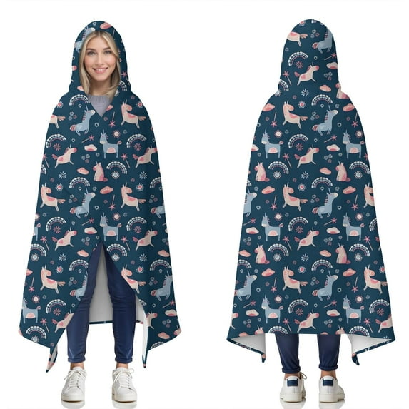 Wearable Blanket,Dark Blue Cartoon Horse Rainbow Pattern Hooded Wearable Flannel Blanket for Adults & Teens,Winter Poncho Shawl Wrap Cape Cozy Anti-Pill,50"x60"