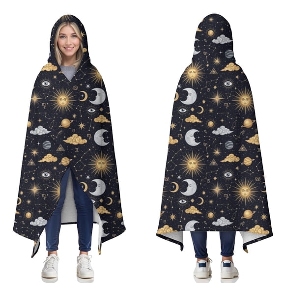 Wearable Blanket,Dark Blue Celestial Pattern Hooded Wearable Sherpa Blanket for Adults & Teens,Winter Poncho Shawl Wrap Cape Thick Warm,50"x60"