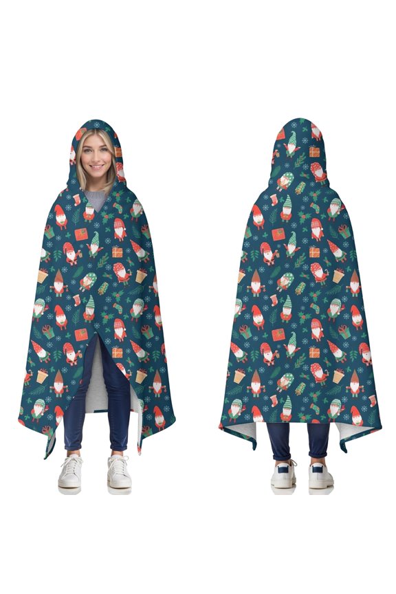 Wearable Blanket,Dark Blue Christmas Gnome and Gift Pattern Hooded Wearable Sherpa Blanket for Adults & Teens,Winter Poncho Shawl Wrap Cape Thick Warm,50"x60"