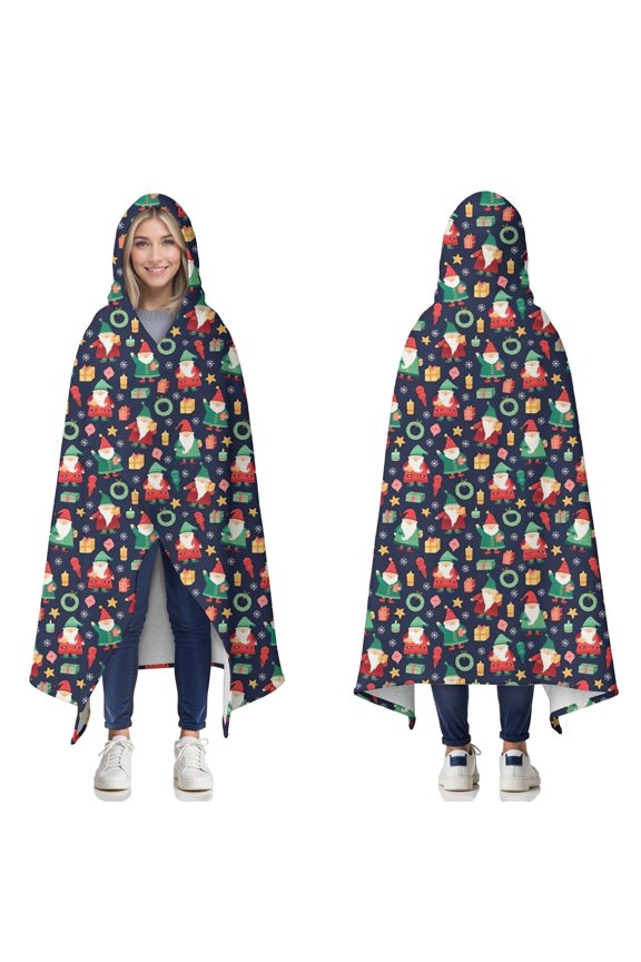 Wearable Blanket,Dark Blue Christmas Santa and Gnome Pattern Hooded Wearable Sherpa Blanket for Adults & Teens,Winter Poncho Shawl Wrap Cape Thick Warm,50"x60"