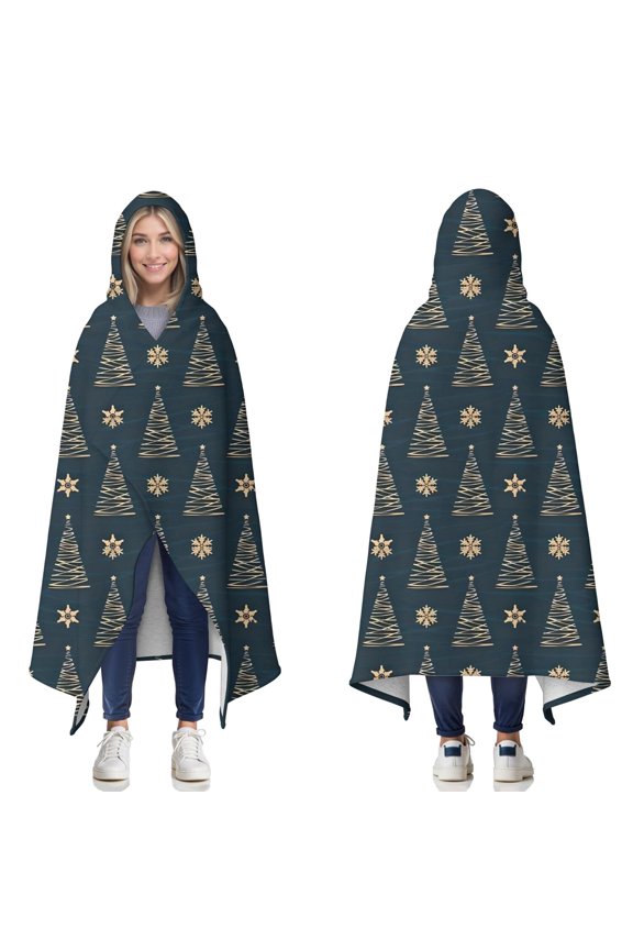 Wearable Blanket,Dark Blue Christmas Tree Pattern Hooded Wearable Sherpa Blanket for Adults & Teens,Winter Poncho Shawl Wrap Cape Thick Warm,50"x60"
