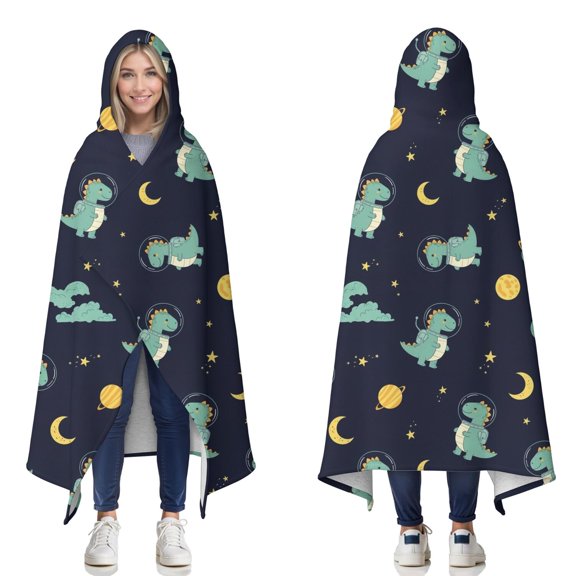 Wearable Blanket,Dark Blue Dinosaurs Space Pattern Hooded Wearable Sherpa Blanket for Adults & Teens,Winter Poncho Shawl Wrap Cape Thick Warm,50"x60"
