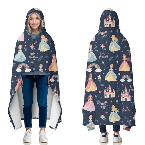 Wearable Blanket,Dark Blue Little Princess Pattern Hooded Wearable Flannel Blanket for Adults & Teens with Buckle,Winter Poncho Shawl Wrap Cape,50"x60"