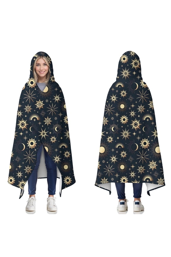 Wearable Blanket,Dark Blue Sun Moon Star Pattern Hooded Wearable Flannel Blanket for Adults & Teens,Winter Poncho Shawl Wrap Cape Cozy Anti-Pill,50"x60"