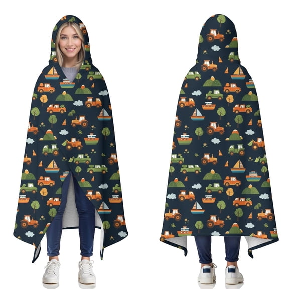 Wearable Blanket,Dark Blue Tractor Boat Car Pattern Hooded Wearable Sherpa Blanket for Adults & Teens,Winter Poncho Shawl Wrap Cape Thick Warm,50"x60"