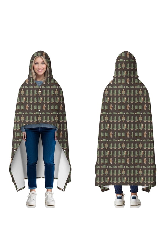 Wearable Blanket,Dark Brown Bigfoot and Tree Pattern Hooded Wearable Flannel Blanket for Adults & Teens with Buckle,Winter Poncho Shawl Wrap Cape,50"x60"