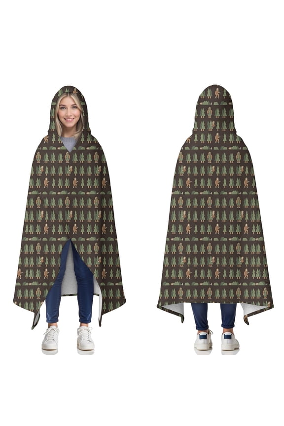 Wearable Blanket,Dark Brown Bigfoot and Tree Pattern Hooded Wearable Sherpa Blanket for Adults & Teens,Winter Poncho Shawl Wrap Cape Thick Warm,60"x80"
