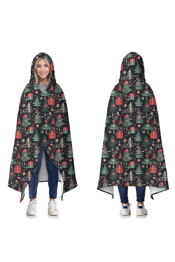 Wearable Blanket,Dark Christmas Tree and Gift Pattern Hooded Wearable Flannel Blanket for Adults & Teens,Winter Poncho Shawl Wrap Cape Cozy Anti-Pill,50"x60"