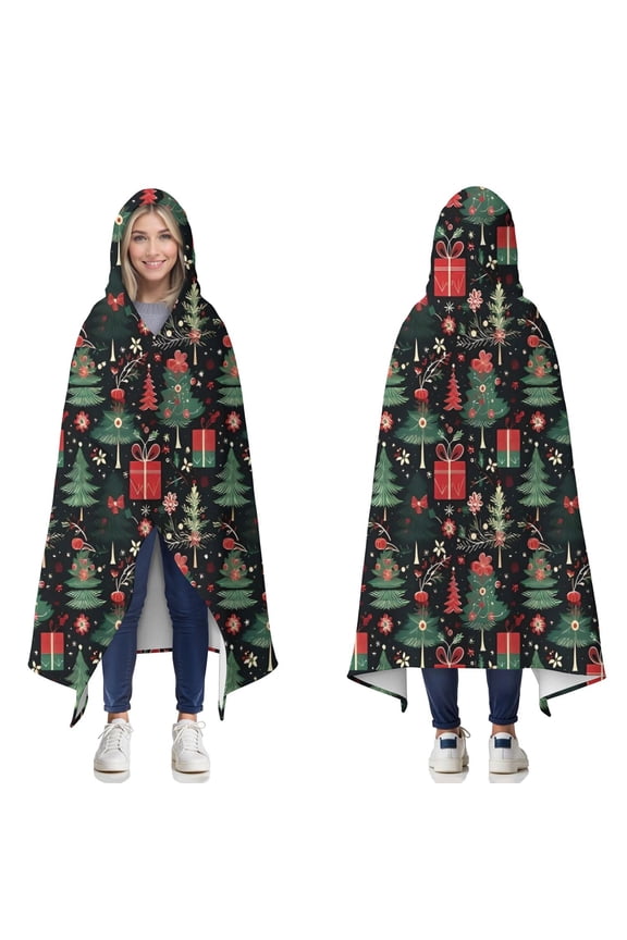 Wearable Blanket,Dark Christmas Tree and Gift Pattern Hooded Wearable Flannel Blanket for Adults & Teens,Winter Poncho Shawl Wrap Cape Cozy Anti-Pill,50"x60"