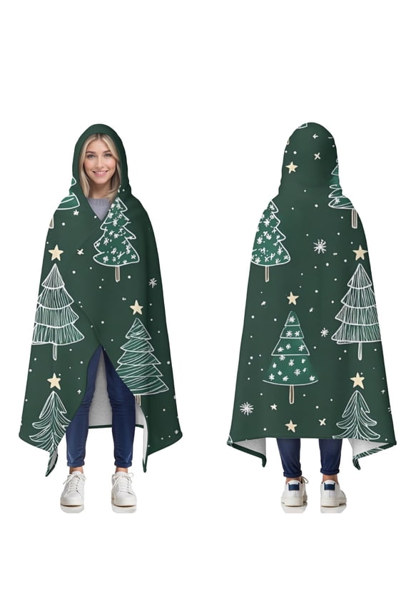 Wearable Blanket,Dark Green Christmas Tree Pattern Hooded Wearable Sherpa Blanket for Adults & Teens,Winter Poncho Shawl Wrap Cape Thick Warm,50"x60"