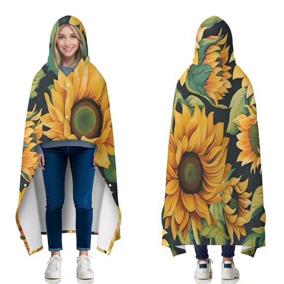 Wearable Blanket,Dark Green Sunflower Pattern Hooded Wearable Flannel Blanket for Adults & Teens with Buckle,Winter Poncho Shawl Wrap Cape,50"x60"