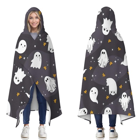 Wearable Blanket,Dark Halloween Ghosts with Stars Hooded Wearable Flannel Blanket for Adults & Teens,Winter Poncho Shawl Wrap Cape Cozy Anti-Pill,60"x80"