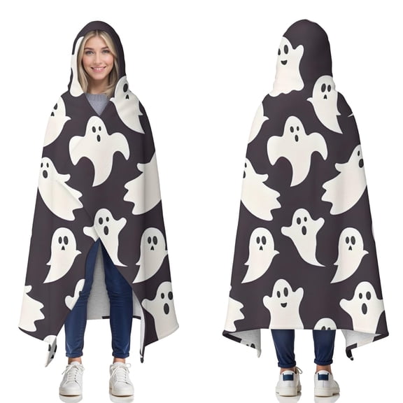 Wearable Blanket,Dark Halloween White Ghosts Hooded Wearable Sherpa Blanket for Adults & Teens,Winter Poncho Shawl Wrap Cape Thick Warm,50"x60"
