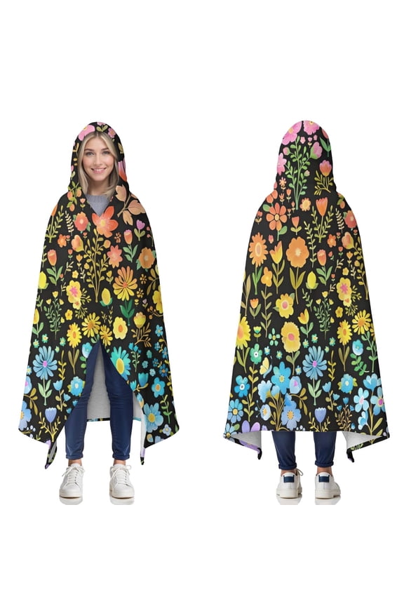 Wearable Blanket,Dark Pioneer Flower Pattern Hooded Wearable Sherpa Blanket for Adults & Teens,Winter Poncho Shawl Wrap Cape Thick Warm,50"x60"
