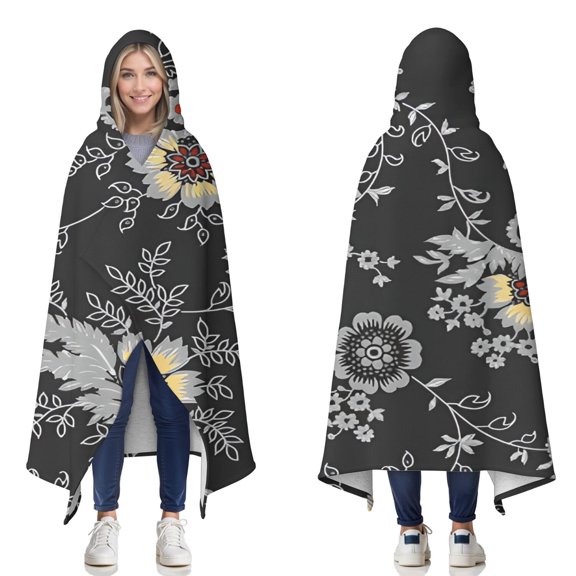 Wearable Blanket,Dark Pioneer Flower Pattern Hooded Wearable Sherpa Blanket for Adults & Teens,Winter Poncho Shawl Wrap Cape Thick Warm,50"x60"