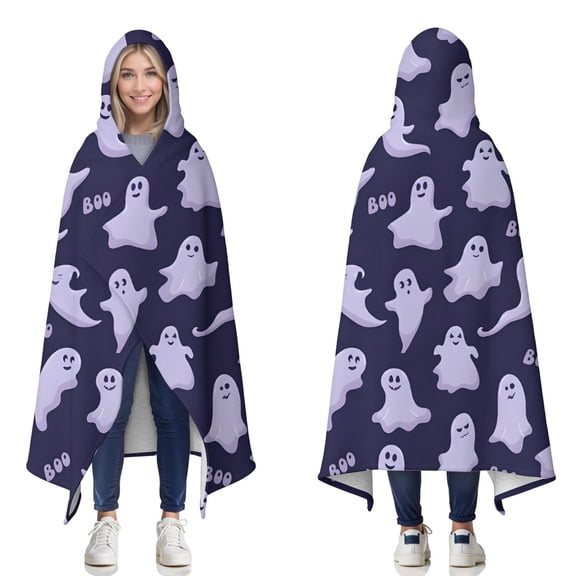 Wearable Blanket,Dark Purple Halloween Ghosts with Boo Hooded Wearable Sherpa Blanket for Adults & Teens,Winter Poncho Shawl Wrap Cape Thick Warm,50"x60"
