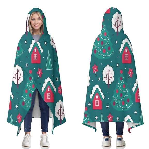 Wearable Blanket,Dark Teal Christmas Village Pattern Hooded Wearable Sherpa Blanket for Adults & Teens,Winter Poncho Shawl Wrap Cape Thick Warm,50"x60"